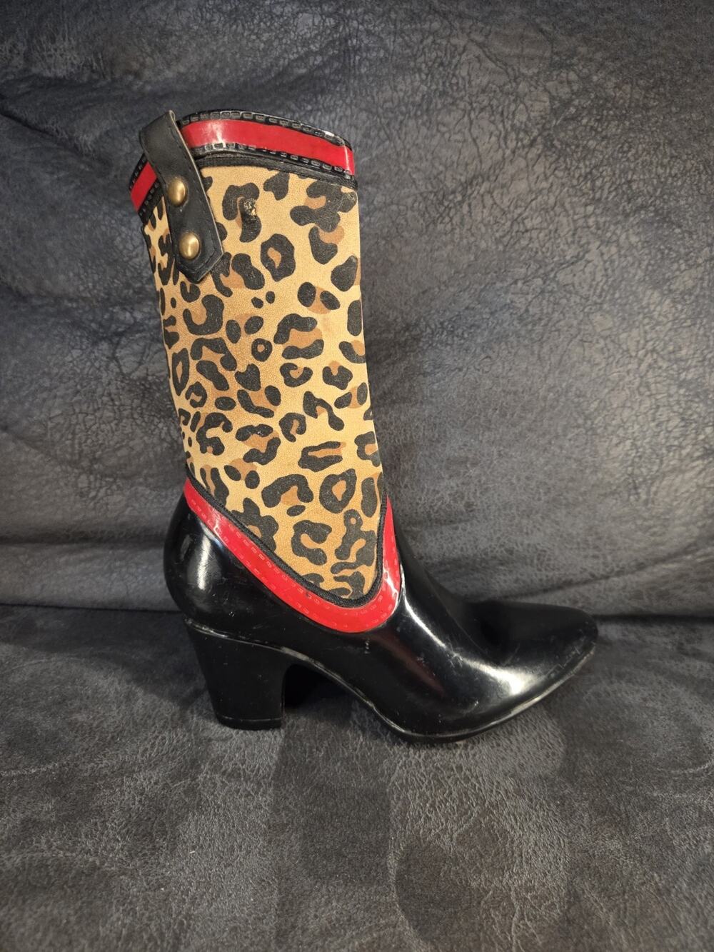 Leopard Print Cowboy Boot Resin Statue Red Trim Western Novelty Decor Figurine